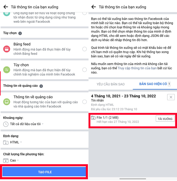 Tại phần Thông tin của bạn trên Facebook, chọn Tải xuống thông tin trên trang cá nhân chọn Tải xuống thông tin trên trang cá nhân