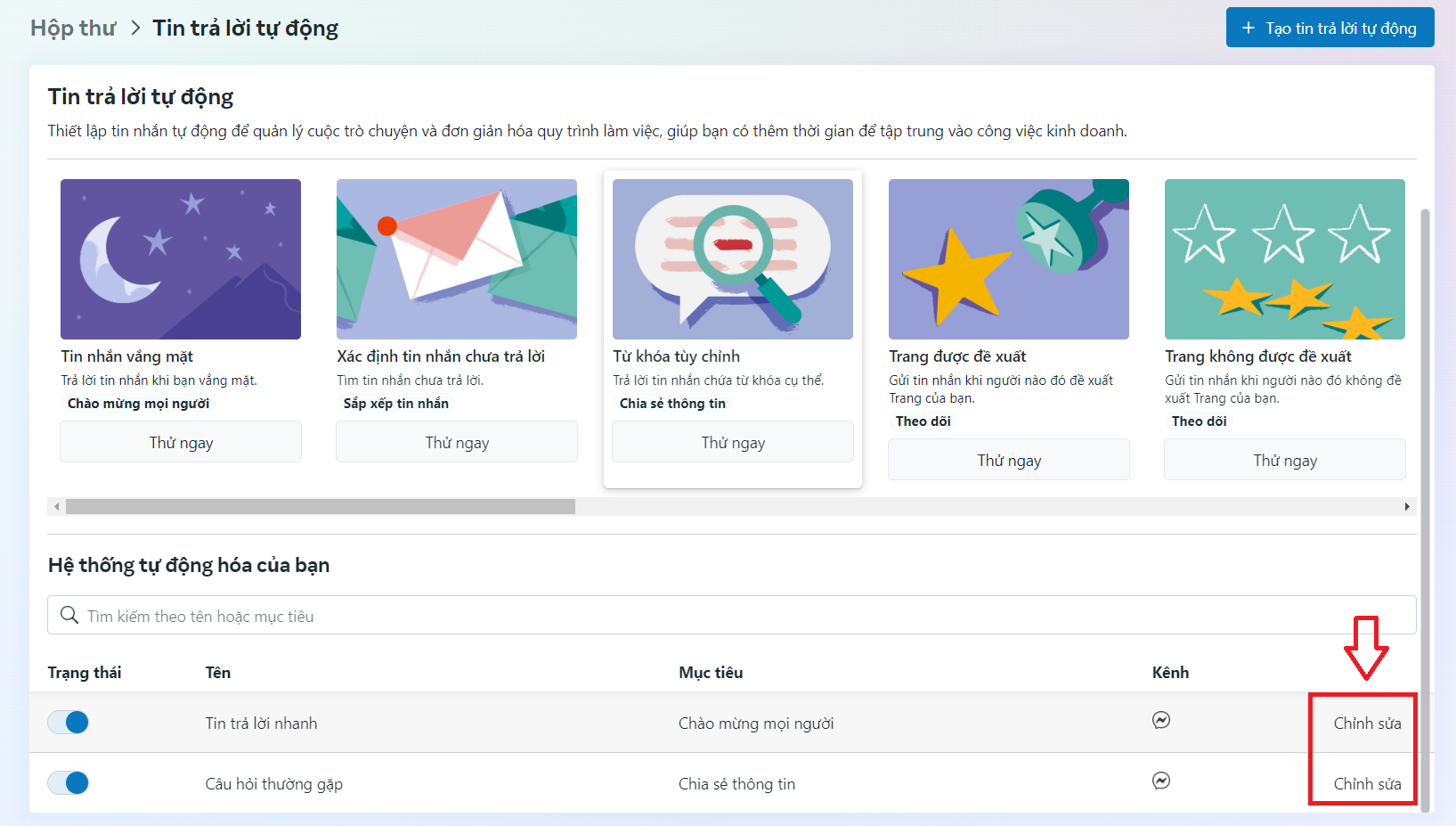 Hướng dẫn sửa tin nhắn tự động trên fanpage