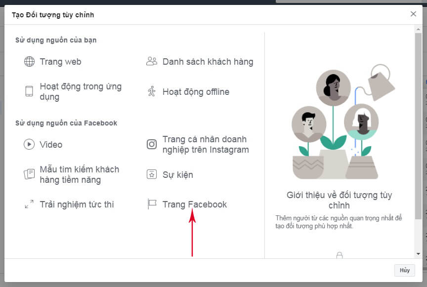 Nhấn vào Trang Facebook nếu bạn muốn xây dựng tệp